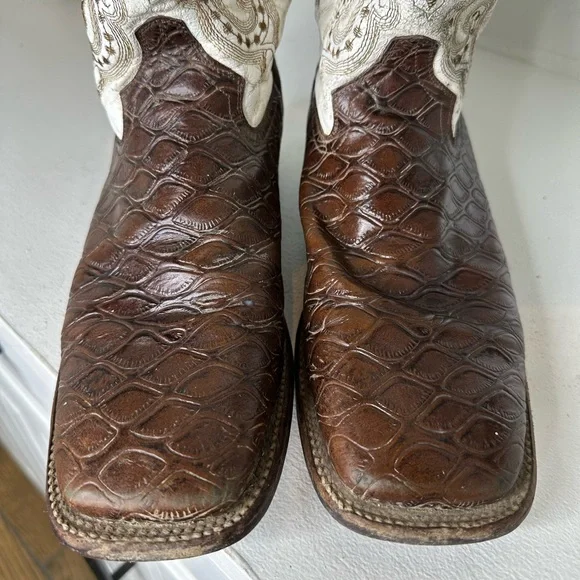 **SOLD**Ferrini Lizard Print Western Cowboy Boots Men’s 10.5 Brown & White - Picture 4 of 11